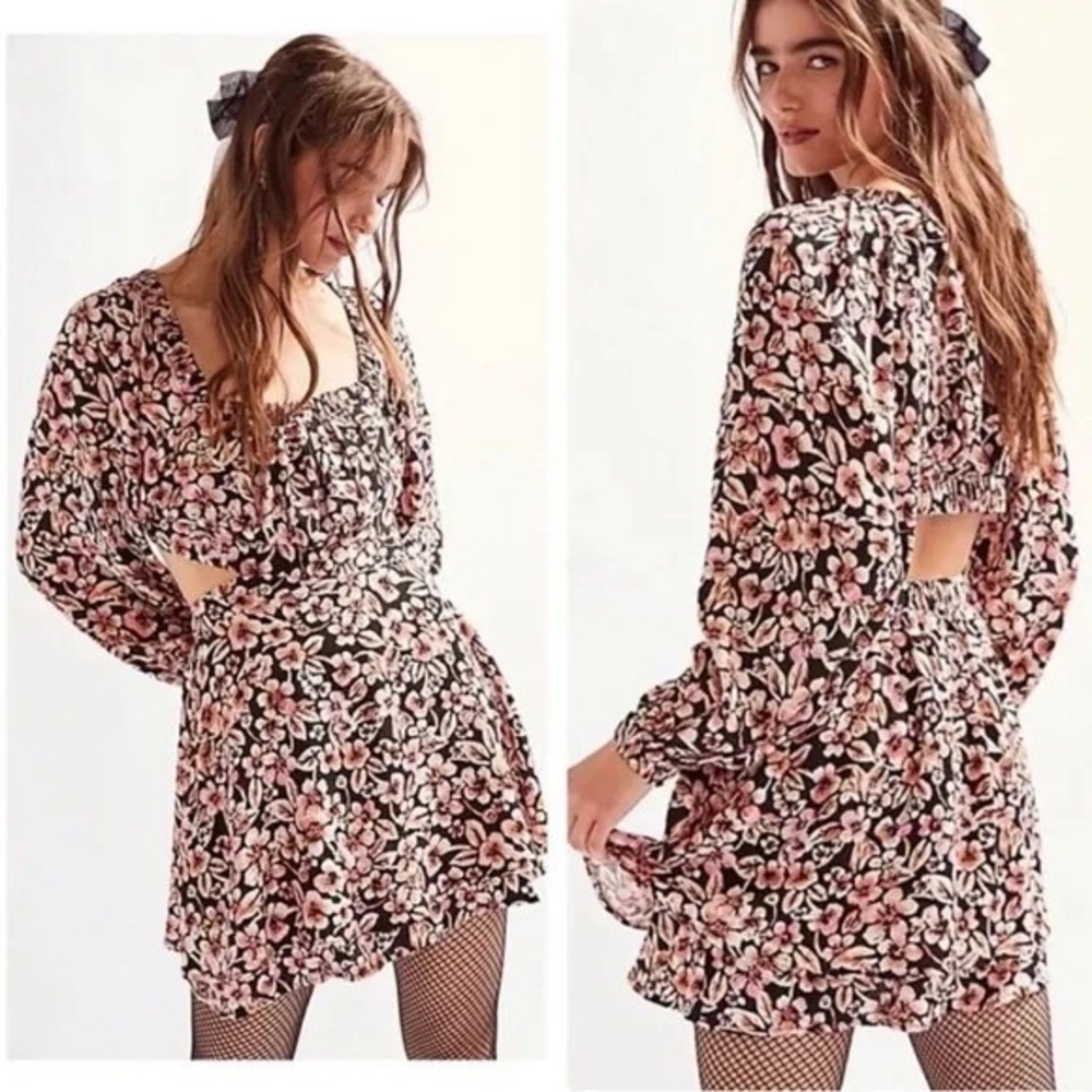 Free People Black Jael Printed Floral Open Back Cut Out Mini Dress Size Small